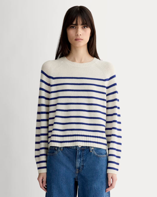 The Boxy Crew in Cashmere | Soft White / Deep Blue