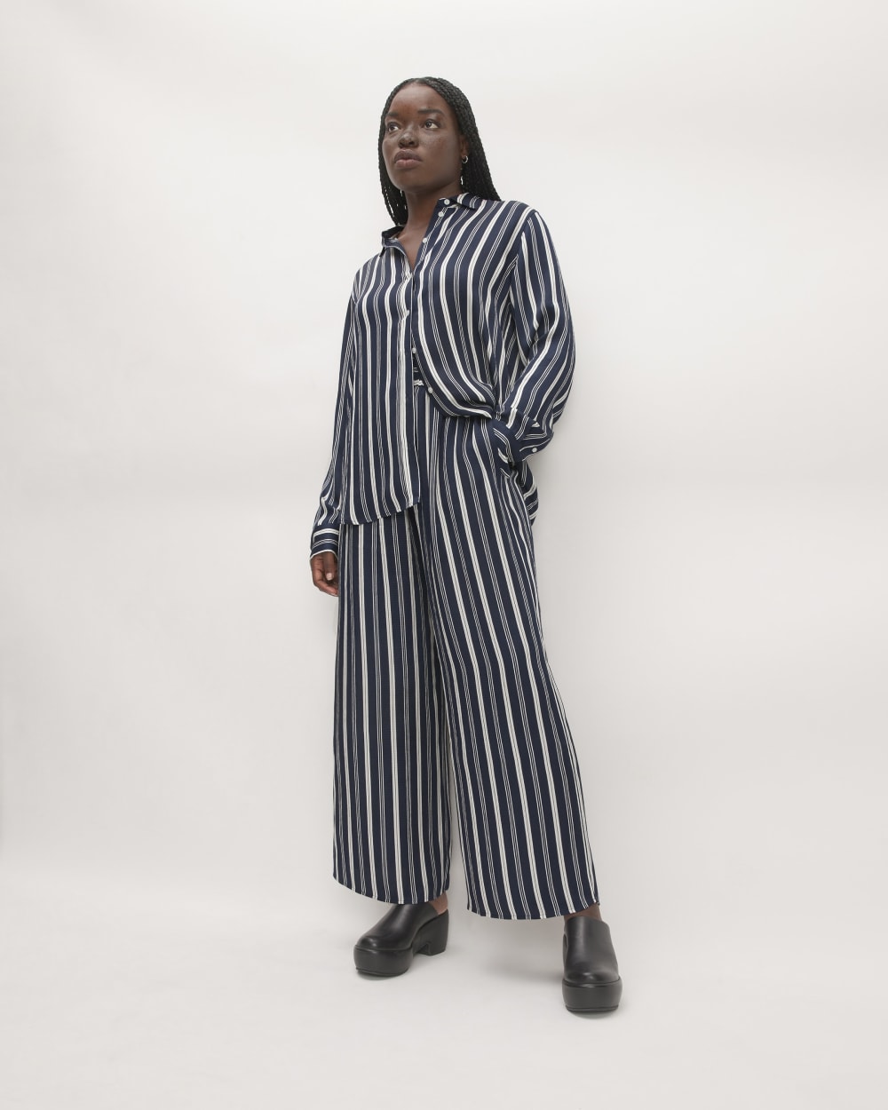 The Satin Relaxed Shirt |  Navy / Bone