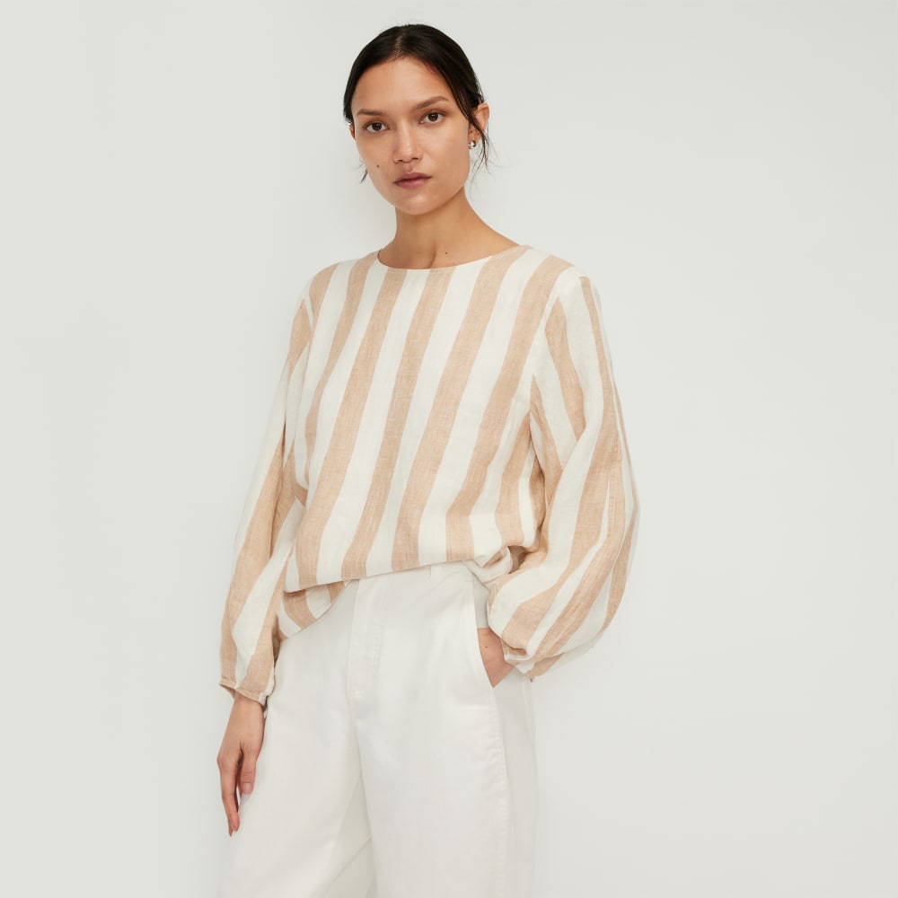 The Linen Long-Sleeve Top | Bone / Caramel