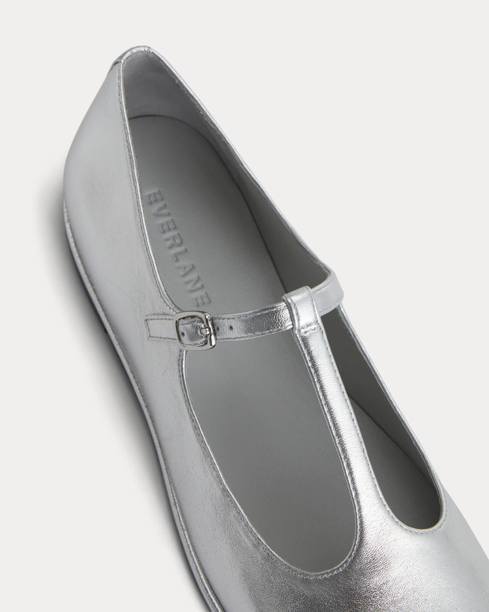 The Leather T-Strap Flat | Silver