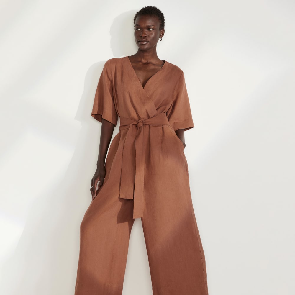The Wrap Jumpsuit in Linen | Carob Brown