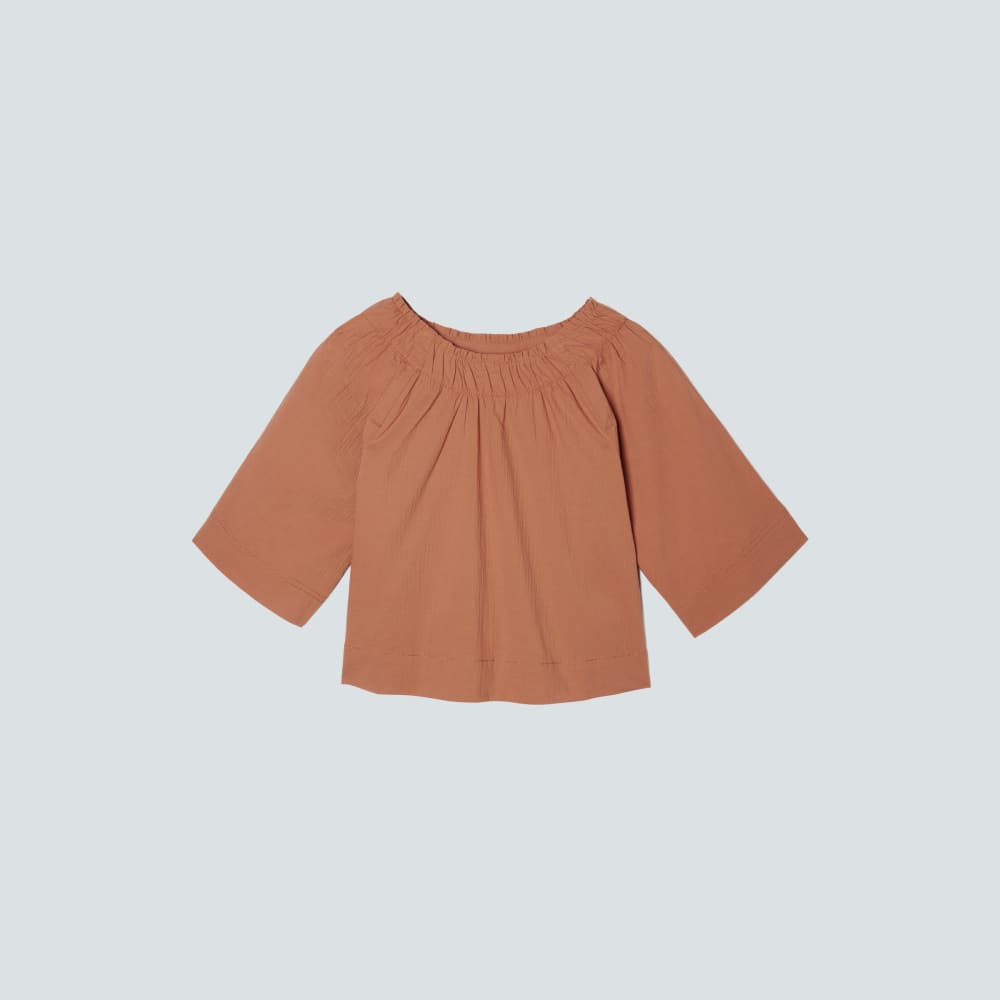 The Seersucker Gathered Tee | Tawny Brown