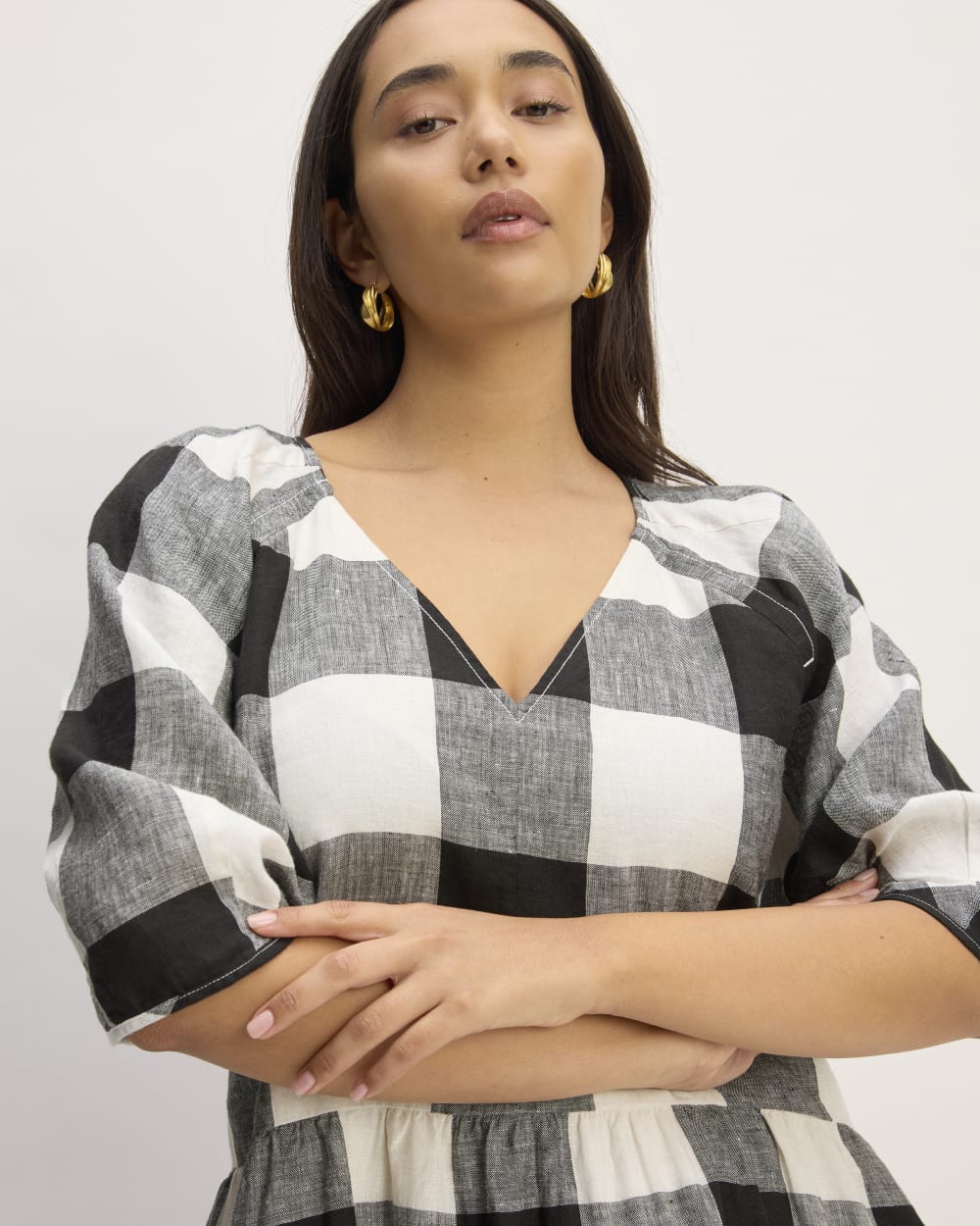 The Linen Oversized Puff-Sleeve Dress | Bone / Black Check