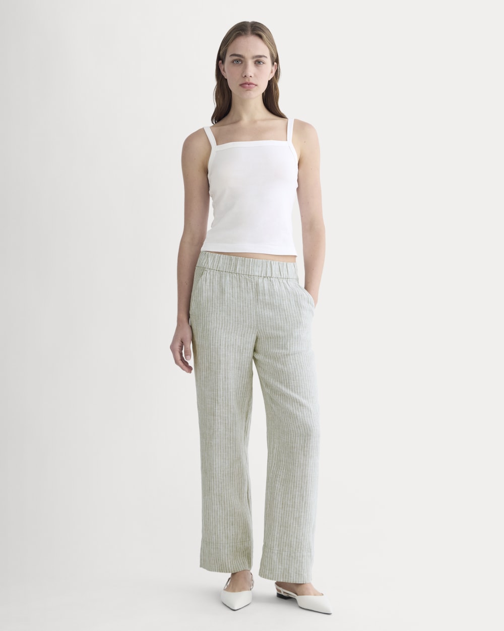 The Linen Easy Pant | Oil Green / White