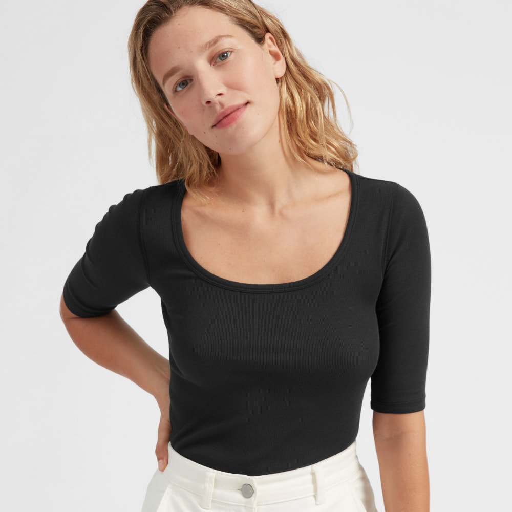 The Luxe Micro-Rib Scoop-Neck Tee | Black