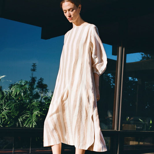 The Linen A-Line Midi Dress | Bone / Caramel