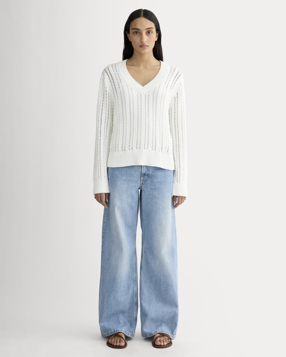 The Mesh Cable V-Neck in Everyday Cotton | White