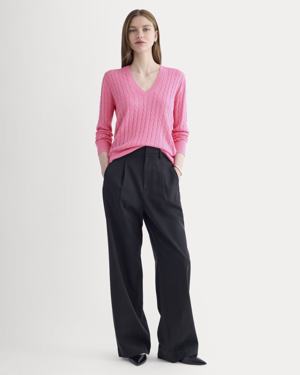 The Cable V-Neck in Cotton Cashmere | Deep Pink