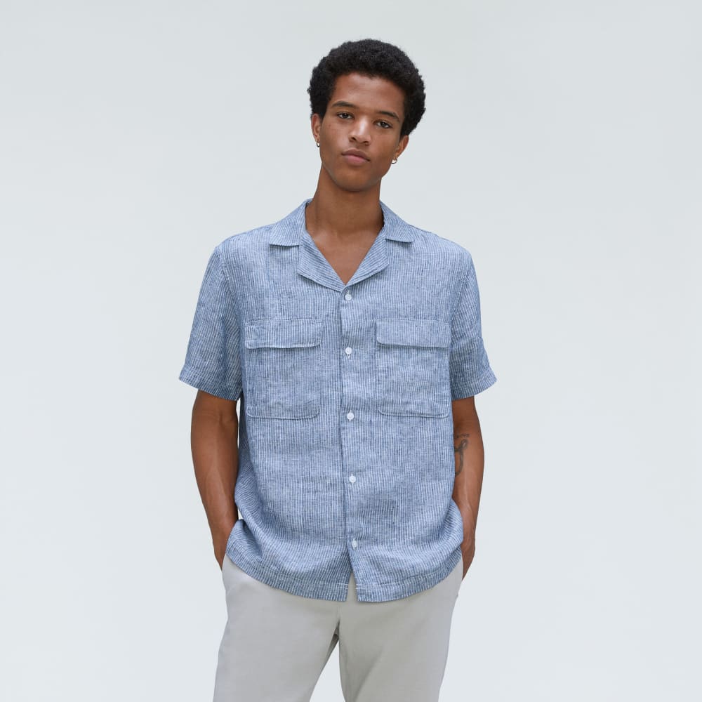 The Resort Shirt in Linen | Blue / White Pinstripe