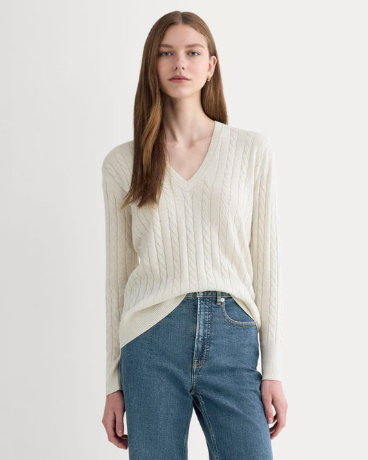 The Cable V-Neck in Cotton Cashmere | Birch