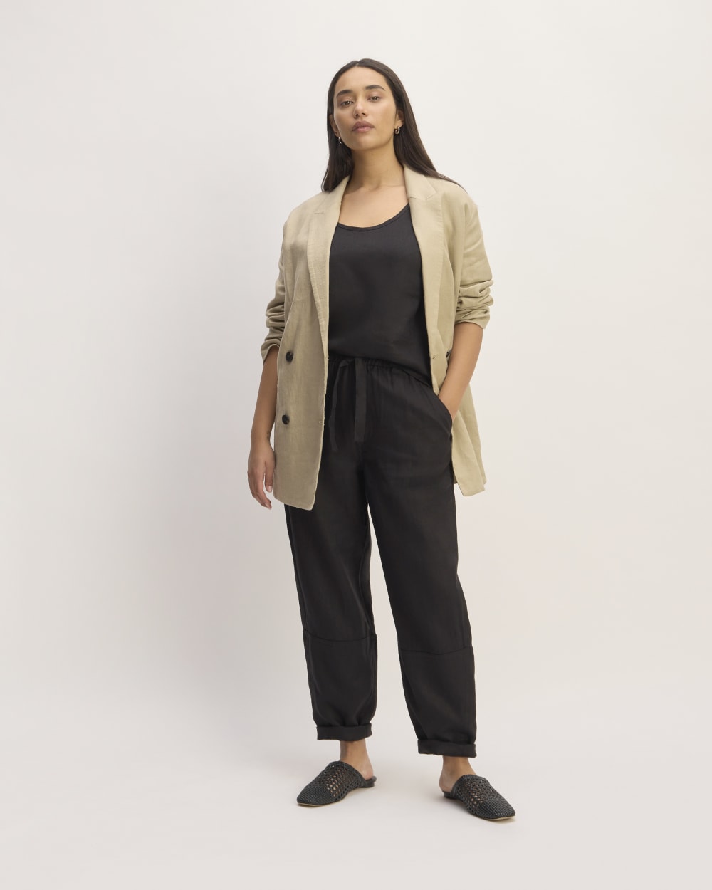 The Linen Pull-On Barrel Pant | Black