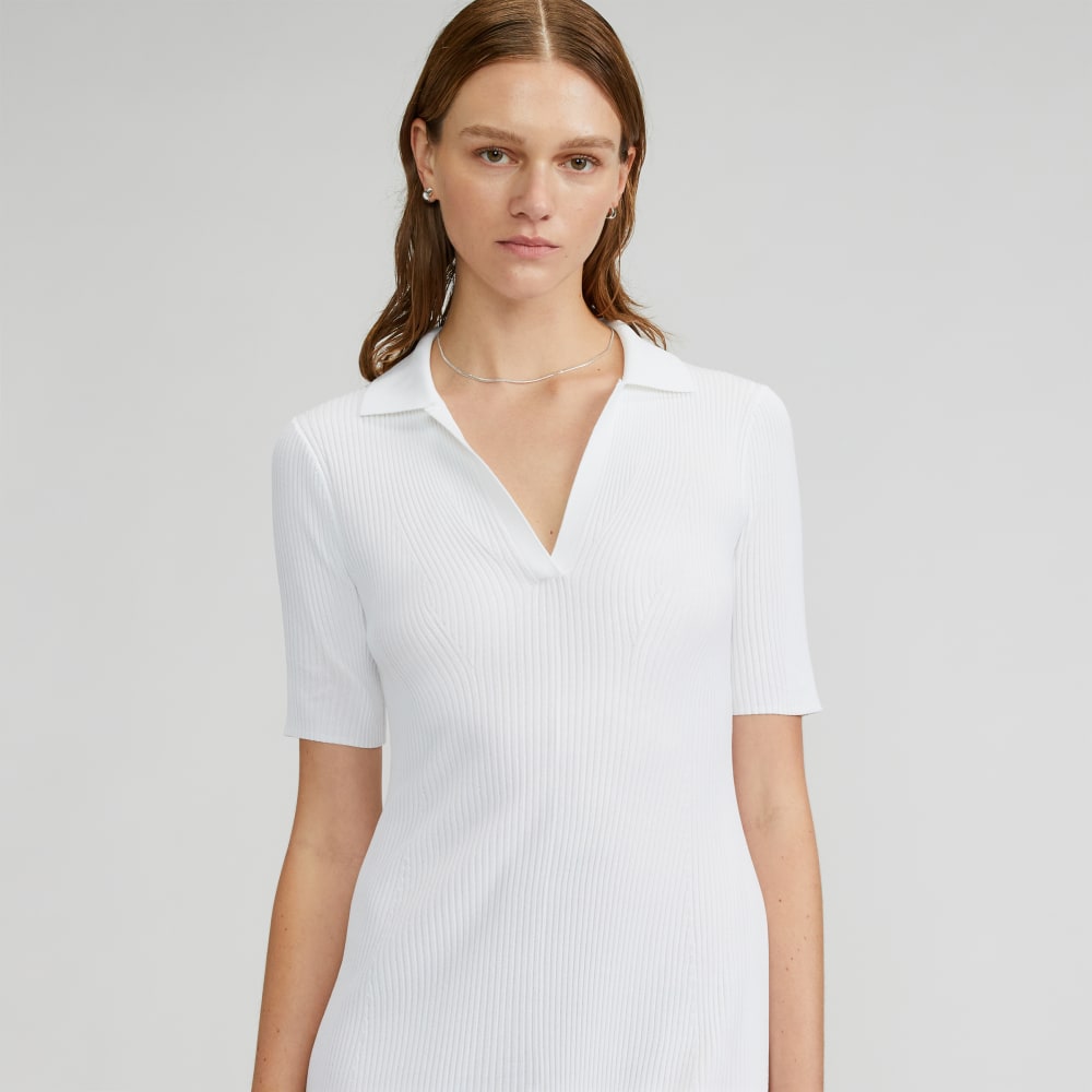 The Ribbed Short-Sleeve Polo Dress | White