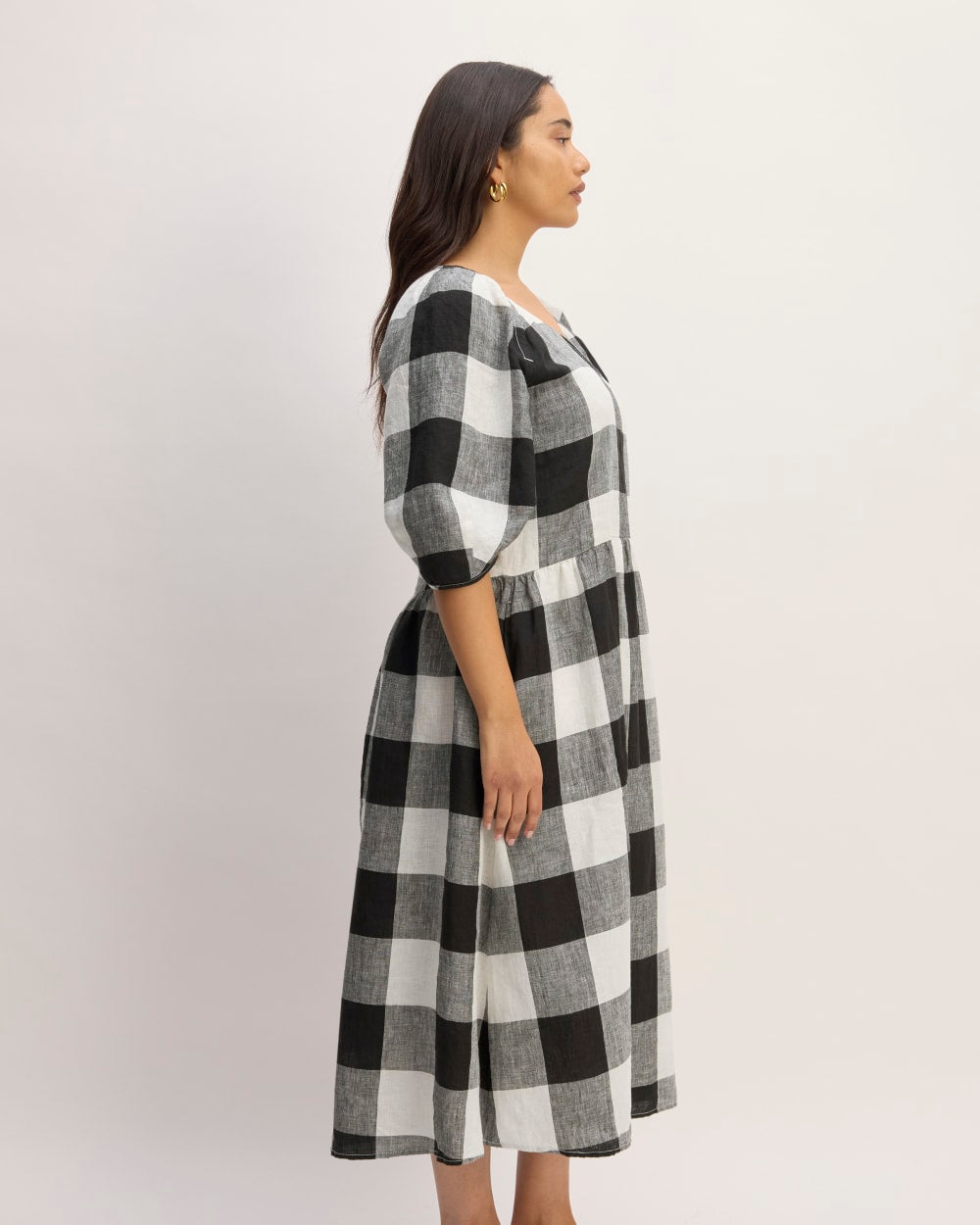 The Linen Oversized Puff-Sleeve Dress | Bone / Black Check