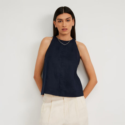 The Linen High-Neck Tank | Navy