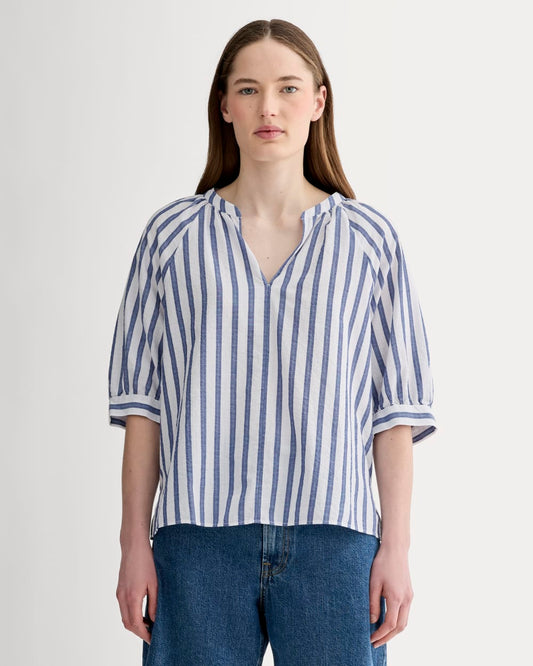 The Gauze Gathered Top | White / Mazarine Blue
