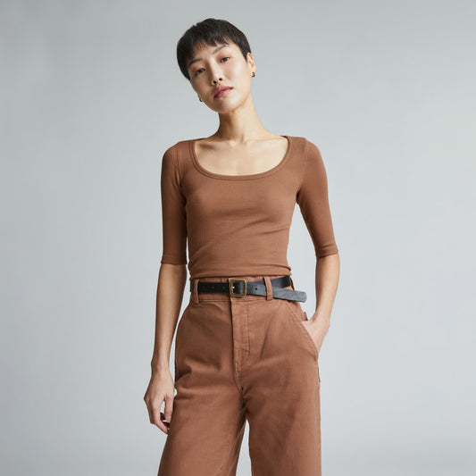 The Luxe Micro-Rib Scoop-Neck Tee | Carob Brown