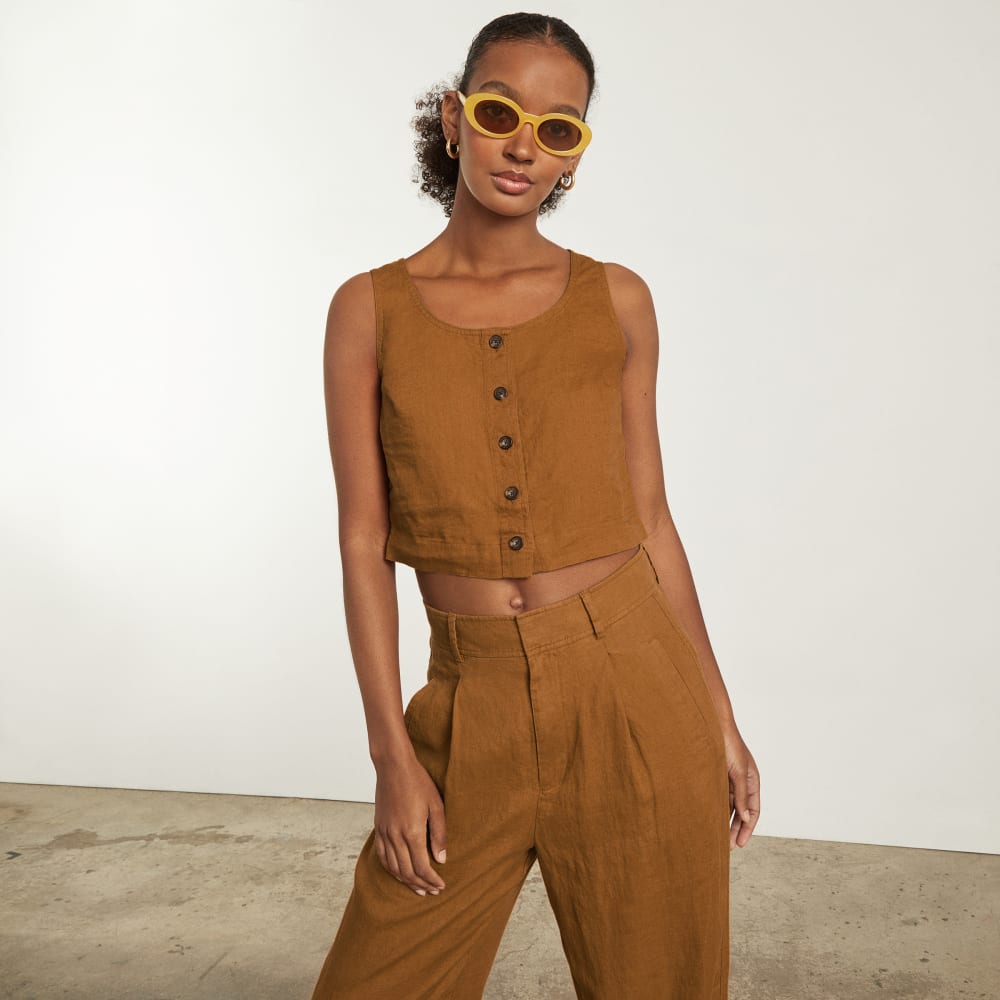 The Linen Button-Front Crop Tank | Tawny Brown