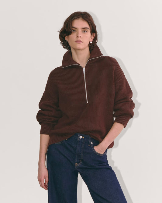 The Half-Zip in Everyday Cotton | Dark Mahogany