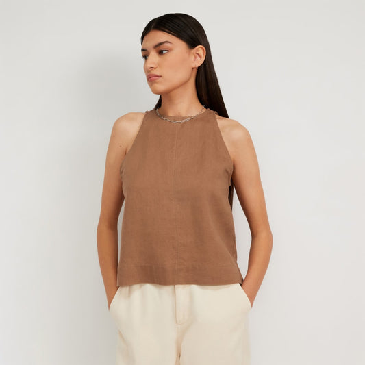 The Linen High-Neck Tank | Carob Brown