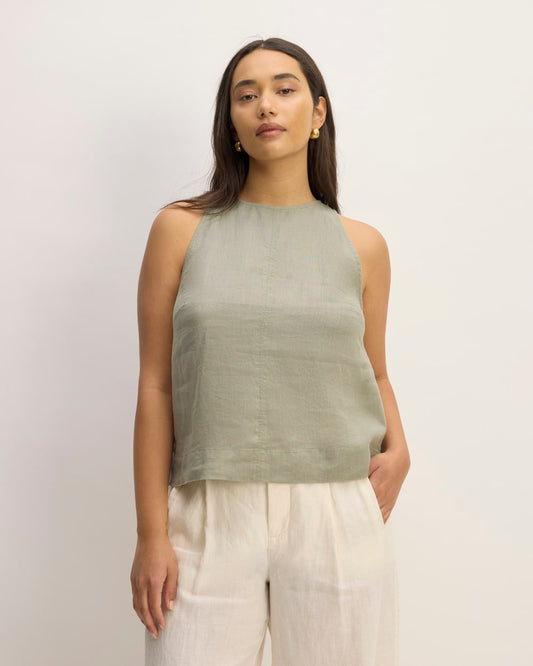 The Linen High-Neck Tank | Sage Green