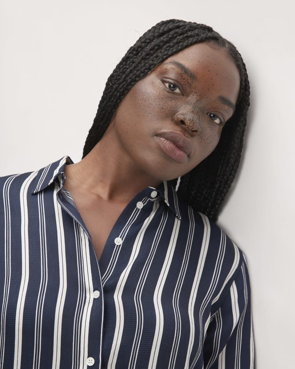 The Satin Relaxed Shirt |  Navy / Bone