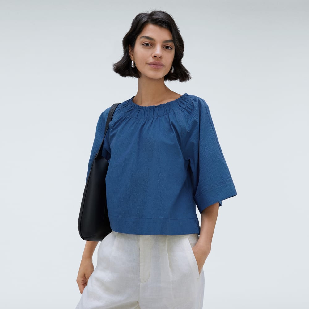 The Seersucker Gathered Tee | Deep Blue