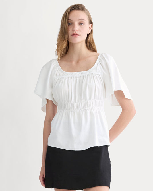 The Flutter-Sleeve Top in Stretch Linen | White