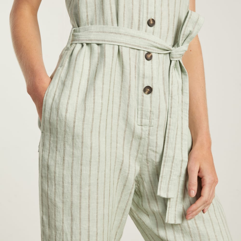 The Linen Jumpsuit | Seafoam Pinstripe