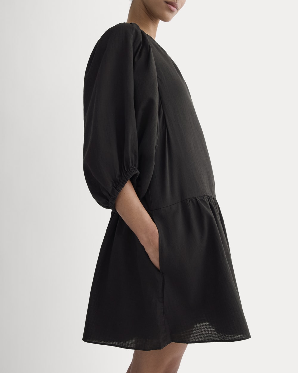 The Gauze Puff-Sleeve Mini Dress | Black