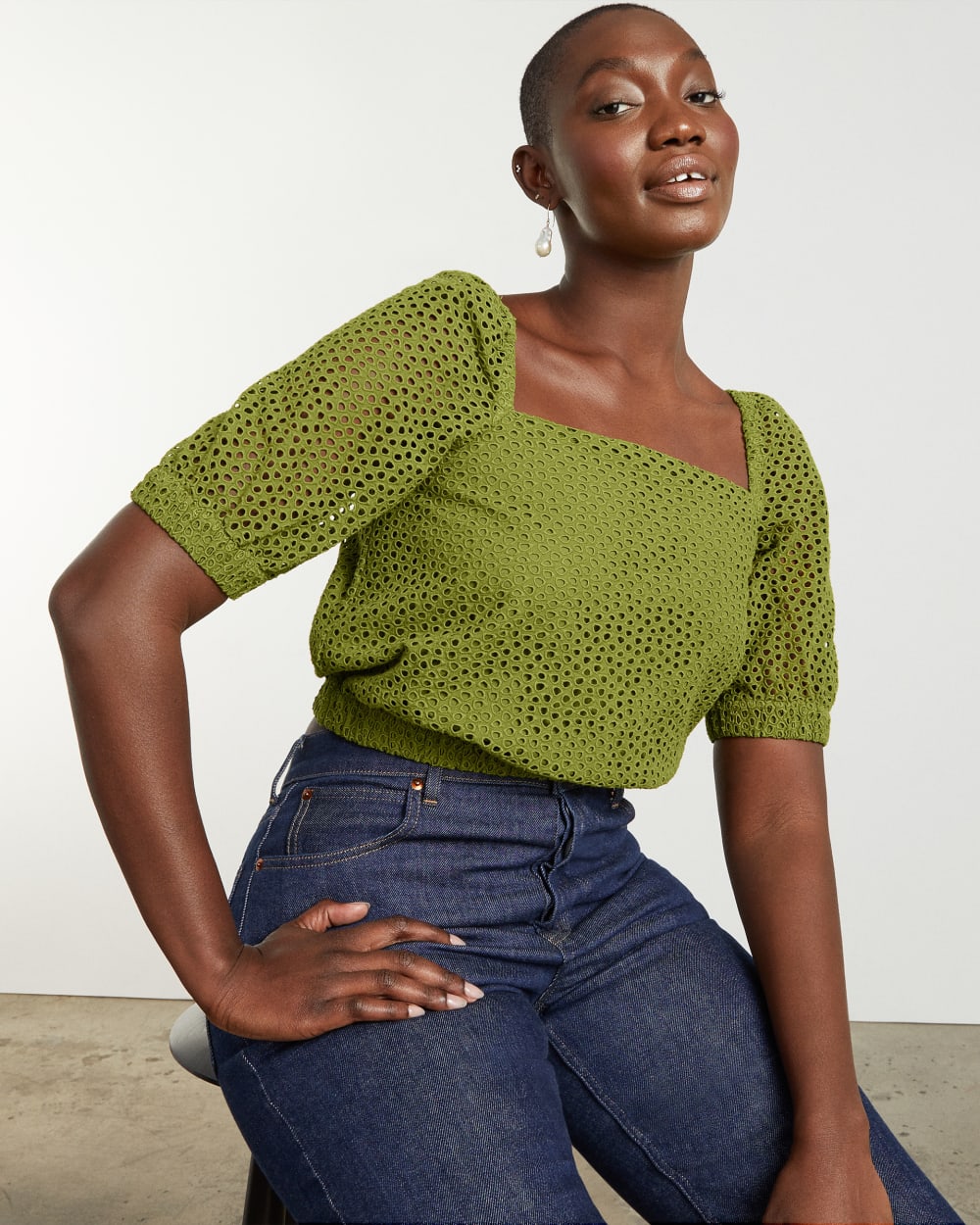 The Eyelet Puff Sleeve Top | Moss