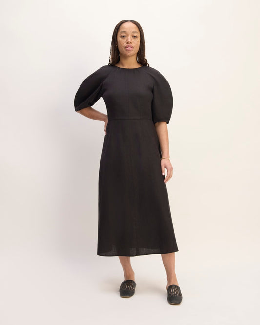 The Linen Short-Sleeve Scoop Midi Dress | Black