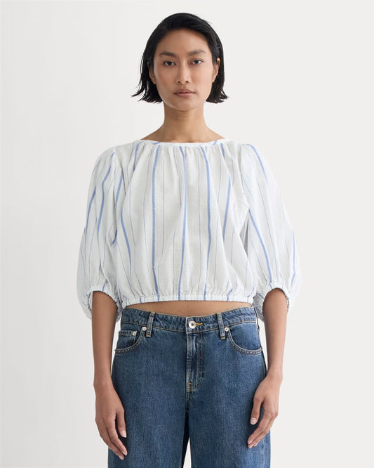 The Gauze Puff-Sleeve Top | Bone / Dutch Blue