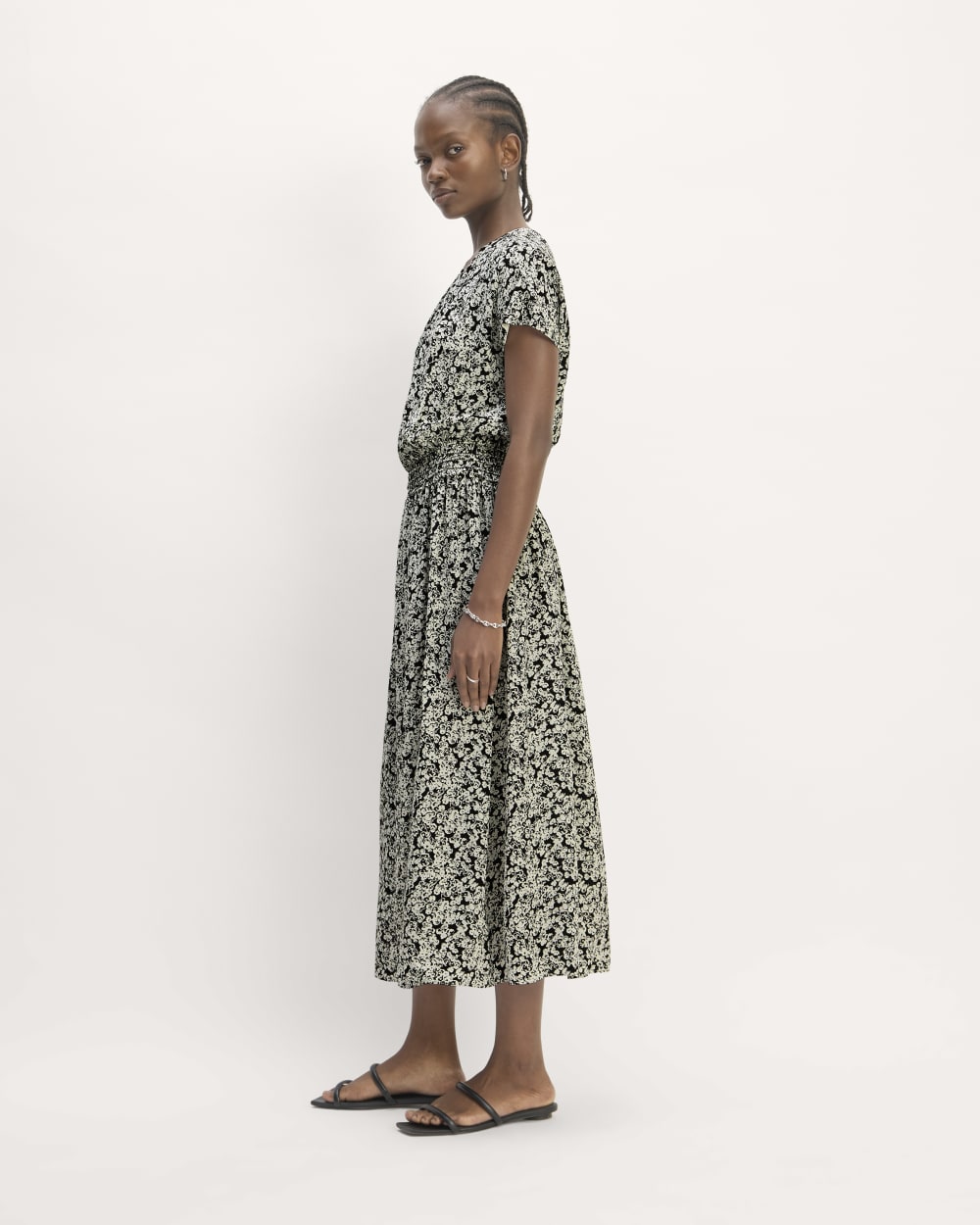 The Gathered Midi Dress | Black / Bone Mini Floral