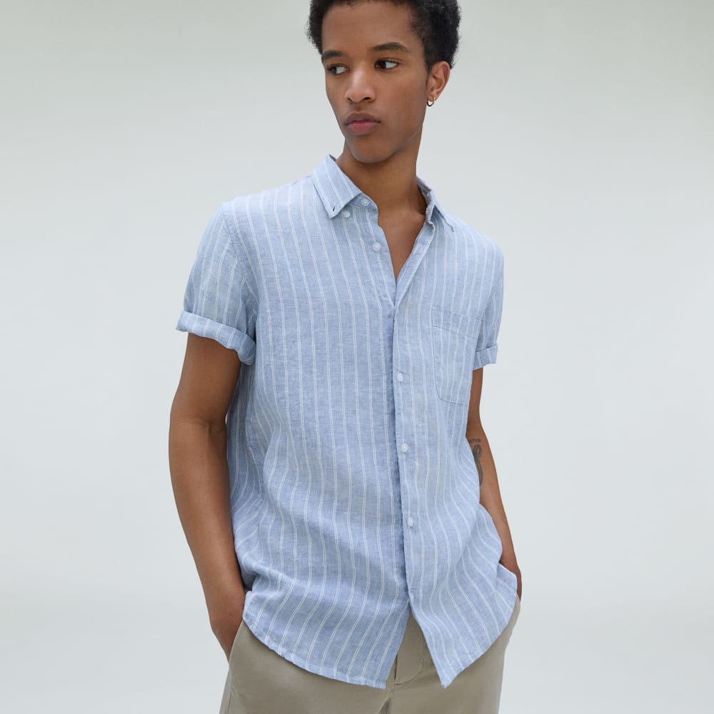 The Classic Short-Sleeve Shirt in Linen | Blue / White