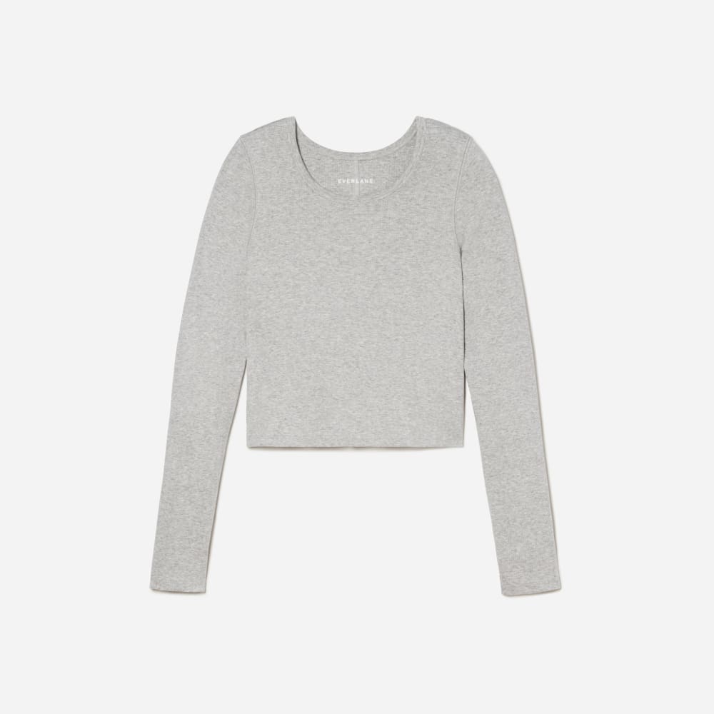 The Pima Micro-Rib Cropped Long-Sleeve Crew |  Heathered Grey