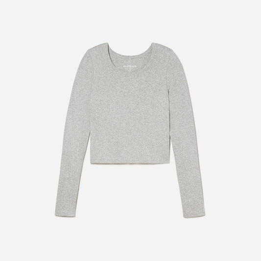 The Pima Micro-Rib Cropped Long-Sleeve Crew |  Heathered Grey