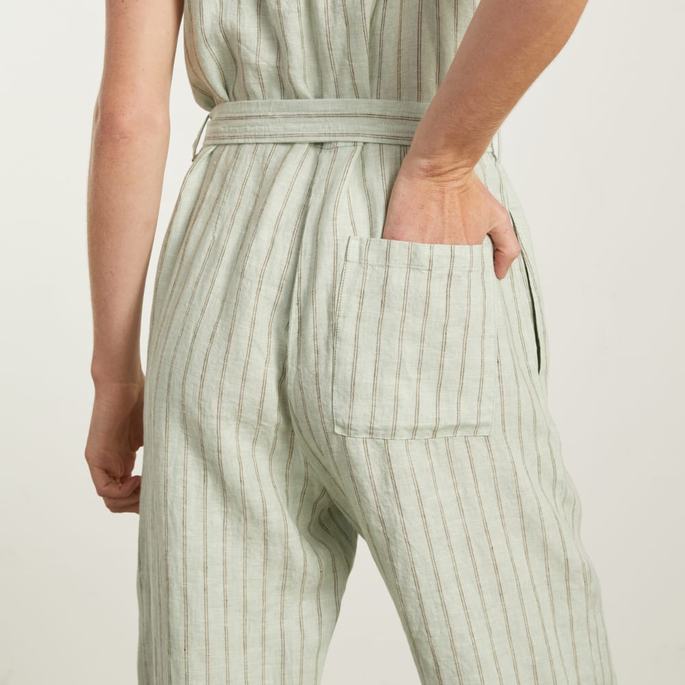 The Linen Jumpsuit | Seafoam Pinstripe