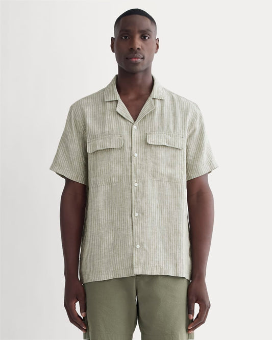 The Resort Shirt in Linen | Oil Green / White