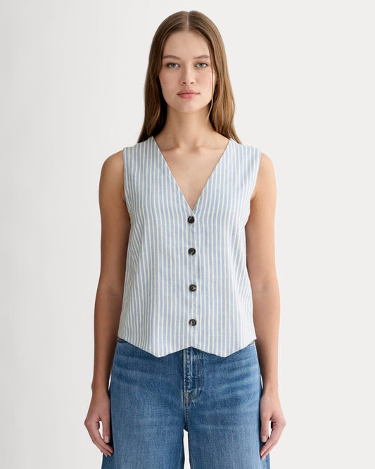 The Vest in Stretch Linen | Bluebell / Bone