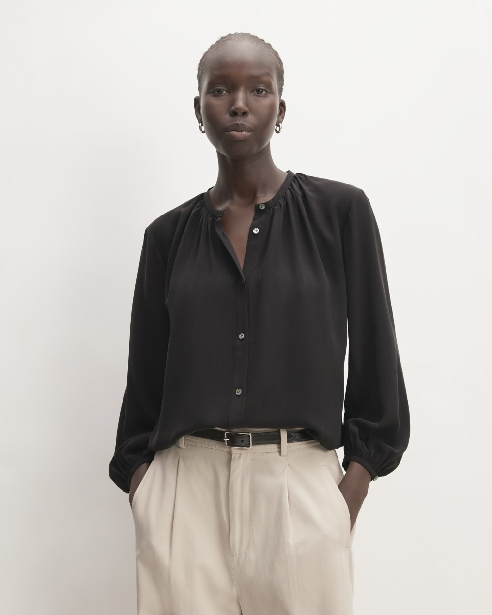 The Washable Clean Silk Shirred Blouse | Black