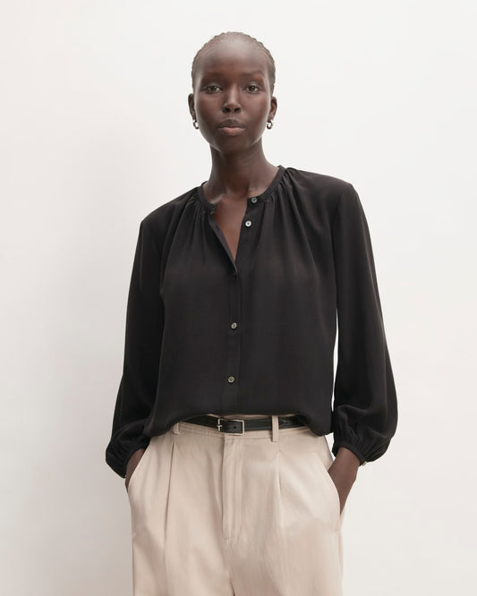 The Washable Clean Silk Shirred Blouse | Black