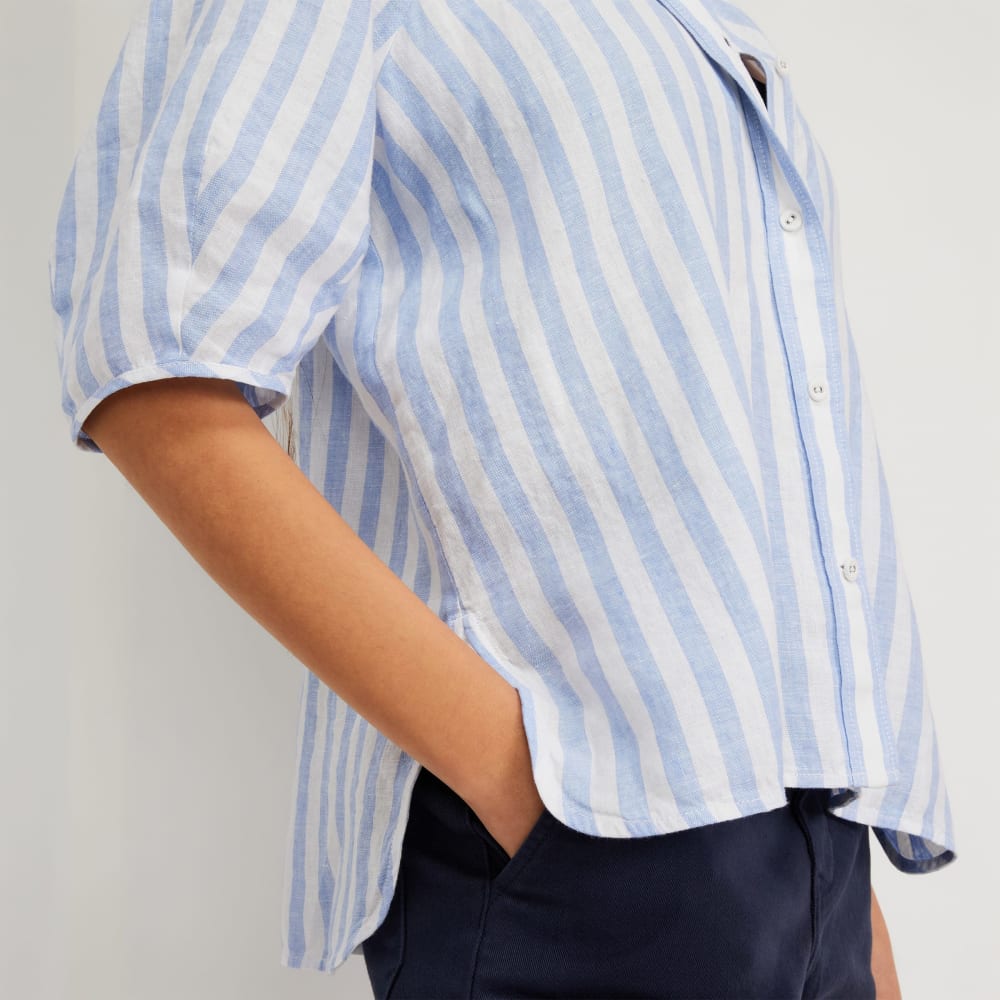 The Linen Puff Sleeve Shirt | Blue / White