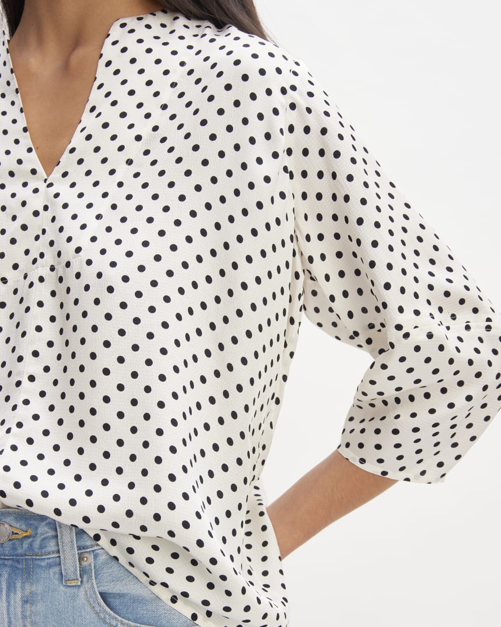 The Hammered Satin Balloon Sleeve Top | Bone / Black Polka Dot