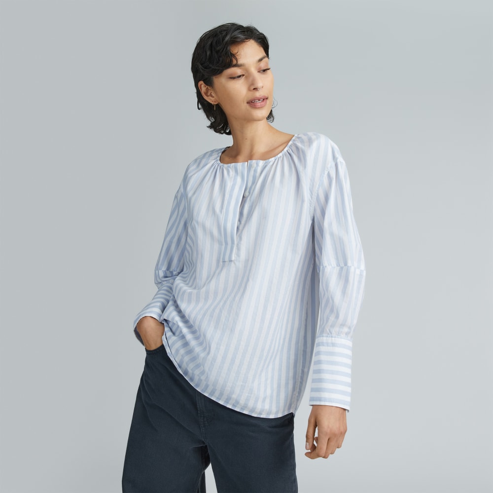 The Silky Cotton Balloon Sleeve Top | Periwinkle / White