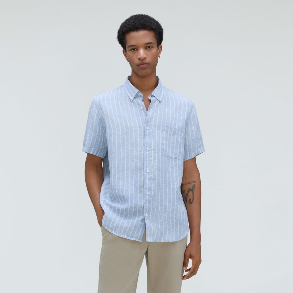 The Classic Short-Sleeve Shirt in Linen | Blue / White