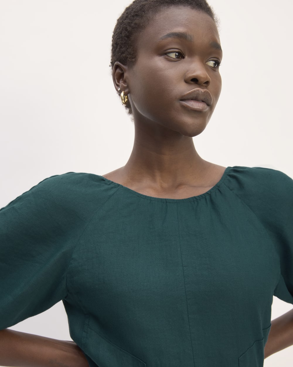 The Linen Short-Sleeve Scoop Midi Dress | Dark Sea