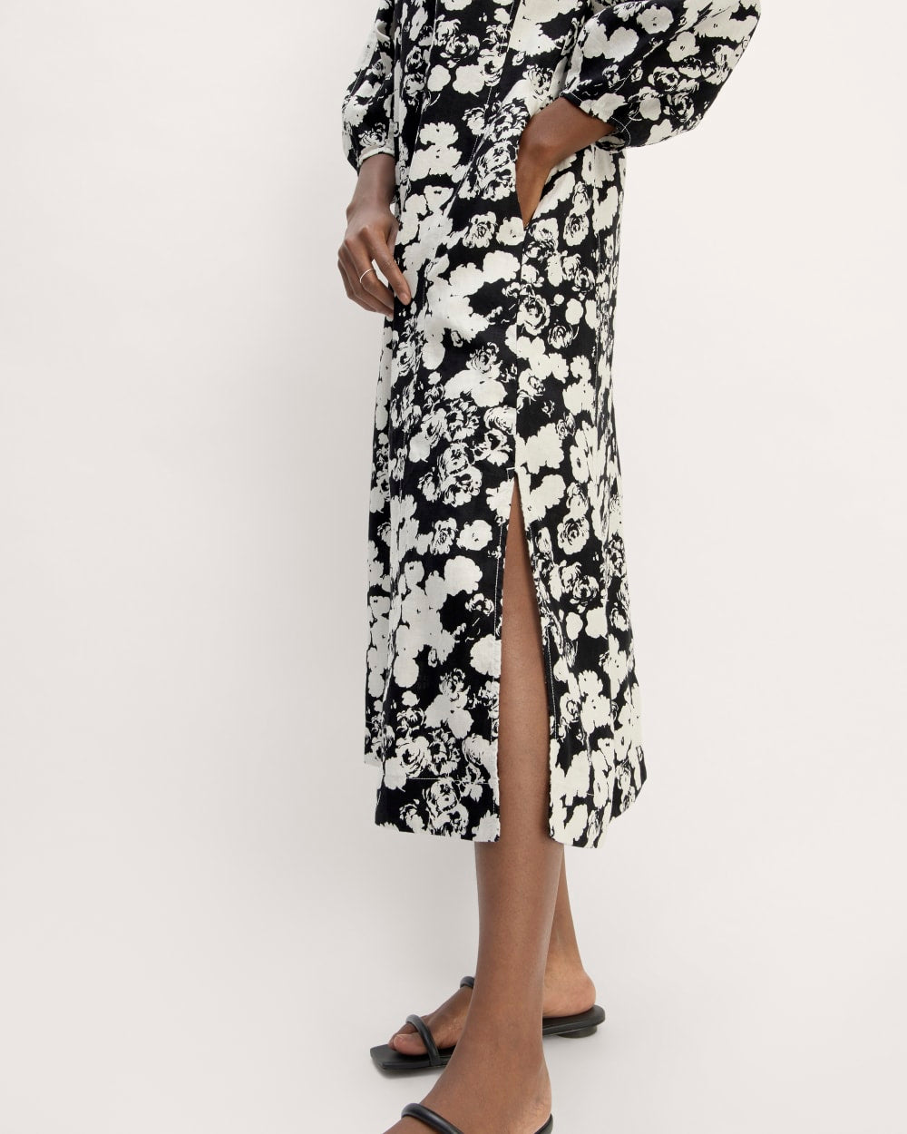 The Linen A-Line Midi Dress | Black / Bone Floral