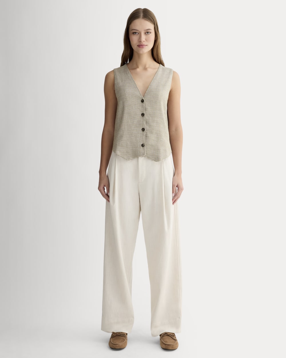 The Vest in Stretch Linen | Deep Taupe Mini Gingham