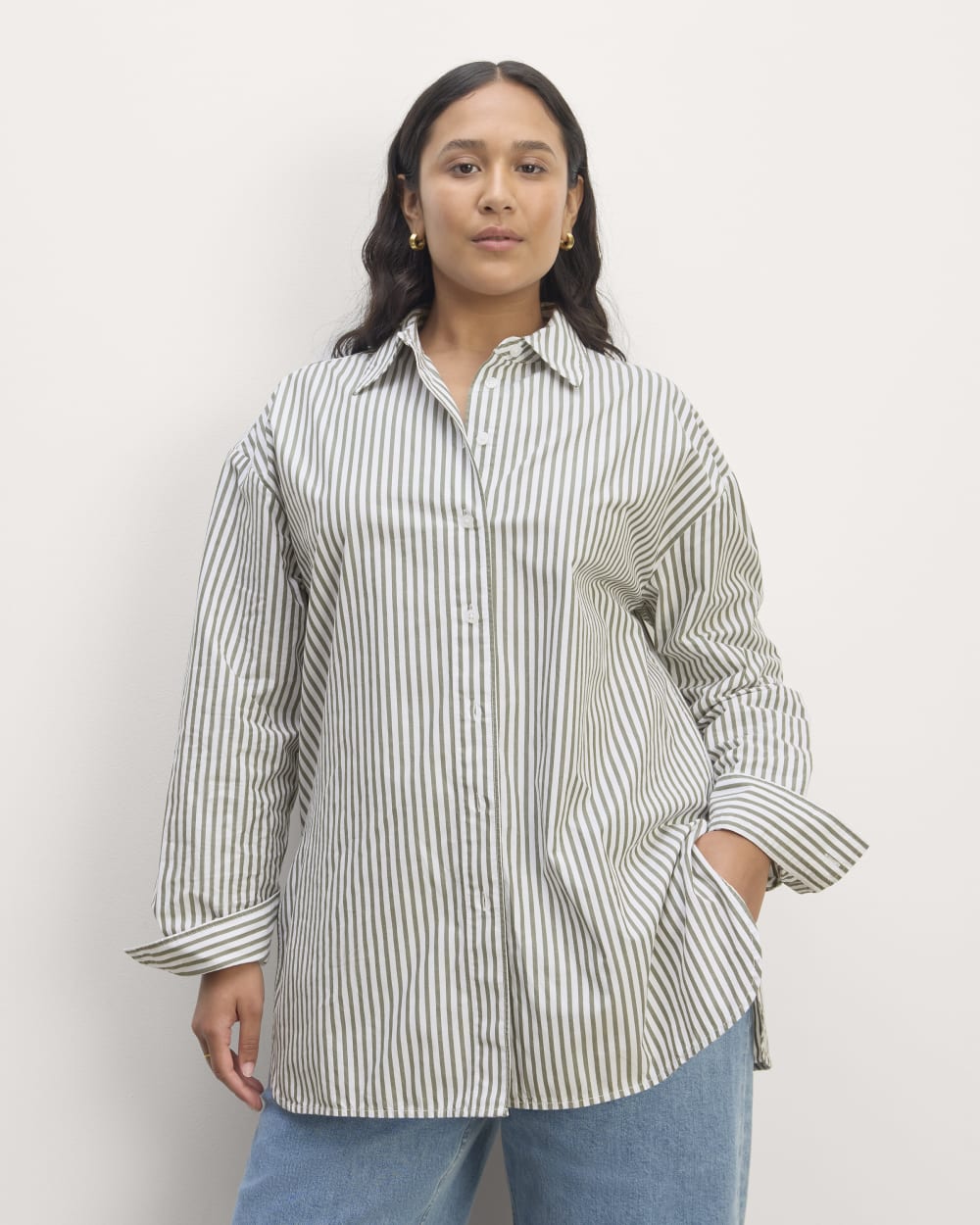 The Supima® Cotton Boyfriend Shirt | White / Moss Green