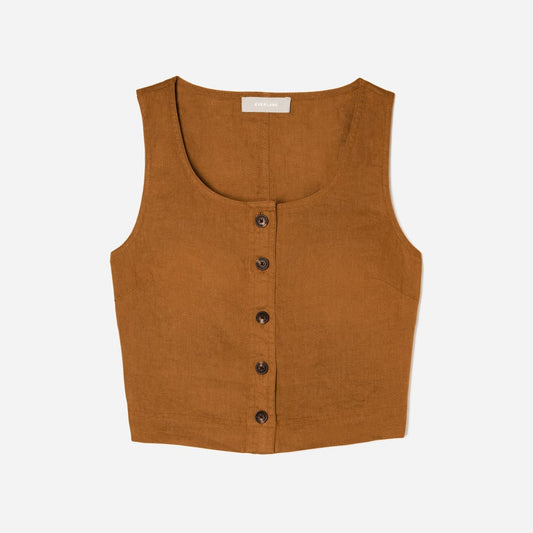 The Linen Button-Front Crop Tank | Tawny Brown